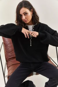 Bianco Lucci Women's Matte Black Buttonhole Crew Neck Striped Knitwear Sweater - Image 7