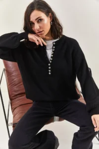 Bianco Lucci Women's Matte Black Buttonhole Crew Neck Striped Knitwear Sweater - Image 8