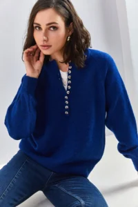 Bianco Lucci Women's Navy Blue Buttonhole Crew Neck Striped Knitwear Sweater - Image 2
