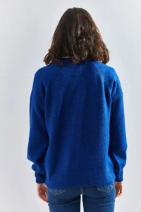 Bianco Lucci Women's Navy Blue Buttonhole Crew Neck Striped Knitwear Sweater - Image 3