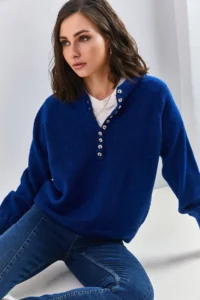Bianco Lucci Women's Navy Blue Buttonhole Crew Neck Striped Knitwear Sweater - Image 4