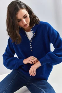 Bianco Lucci Women's Navy Blue Buttonhole Crew Neck Striped Knitwear Sweater - Image 5