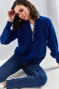 Bianco Lucci Women's Navy Blue Buttonhole Crew Neck Striped Knitwear Sweater - Image 6