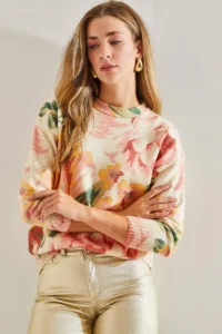 Bianco Lucci Women Beige Fuchsia fragmented Knitwear Sweater - Image 5
