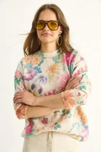 Bianco Lucci Women Beige Green fragmented Knitwear Sweater - Image 4