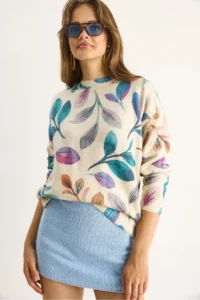 Bianco Lucci Women Beige Turquoise fragmented Knitwear Sweater