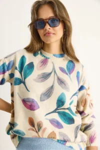 Bianco Lucci Women Beige Turquoise fragmented Knitwear Sweater - Image 2
