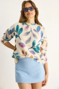 Bianco Lucci Women Beige Turquoise fragmented Knitwear Sweater - Image 3