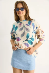 Bianco Lucci Women Beige Turquoise fragmented Knitwear Sweater - Image 5