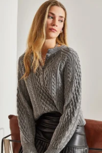Bianco Lucci Women's Anthracite Braided Buttoned Knitwear Sweater