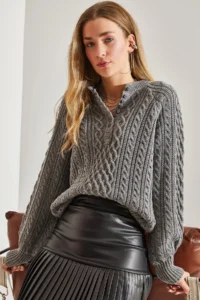 Bianco Lucci Women's Anthracite Braided Buttoned Knitwear Sweater - Image 3