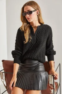 Bianco Lucci Women's Black Braided Buttoned Knitwear Sweater - Image 6