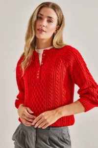 Bianco Lucci Women's Red Braided Buttoned Knitwear Sweater - Image 3