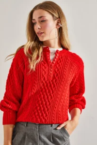 Bianco Lucci Women's Red Braided Buttoned Knitwear Sweater - Image 4