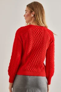 Bianco Lucci Women's Red Braided Buttoned Knitwear Sweater - Image 5