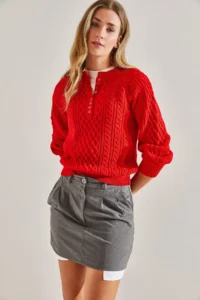 Bianco Lucci Women's Red Braided Buttoned Knitwear Sweater - Image 6
