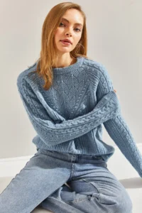 Bianco Lucci Women Baby BLUE Patterned Knitwear Sweater