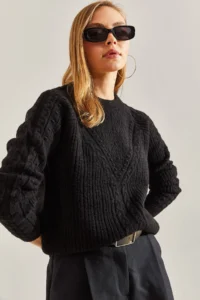 Bianco Lucci Women Black Patterned Knitwear Sweater