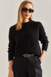 Bianco Lucci Women Black Patterned Knitwear Sweater - Image 3