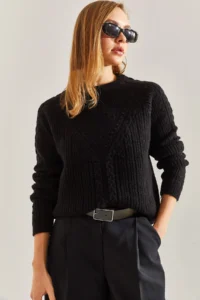 Bianco Lucci Women Black Patterned Knitwear Sweater - Image 4