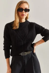 Bianco Lucci Women Black Patterned Knitwear Sweater - Image 5