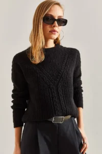 Bianco Lucci Women Black Patterned Knitwear Sweater - Image 8