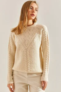 Bianco Lucci Women Cream Patterned Knitwear Sweater - Image 2