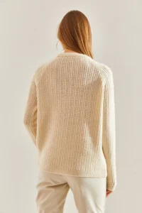 Bianco Lucci Women Cream Patterned Knitwear Sweater - Image 3