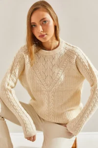 Bianco Lucci Women Cream Patterned Knitwear Sweater - Image 4