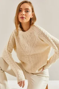 Bianco Lucci Women Cream Patterned Knitwear Sweater - Image 5