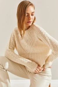 Bianco Lucci Women Cream Patterned Knitwear Sweater - Image 6