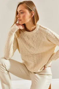 Bianco Lucci Women Cream Patterned Knitwear Sweater - Image 7
