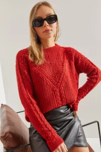 Bianco Lucci Women Red Patterned Knitwear Sweater