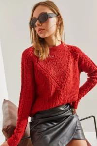 Bianco Lucci Women Red Patterned Knitwear Sweater - Image 2