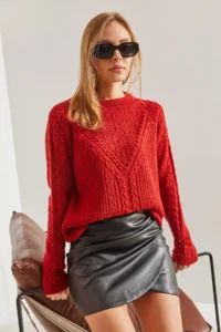 Bianco Lucci Women Red Patterned Knitwear Sweater - Image 4