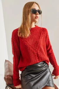 Bianco Lucci Women Red Patterned Knitwear Sweater - Image 5