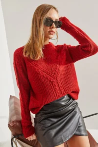 Bianco Lucci Women Red Patterned Knitwear Sweater - Image 6