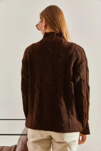 Bianco Lucci Women's Brown Half Turtleneck Hair Knit Patterned Knitwear Sweater - Image 2
