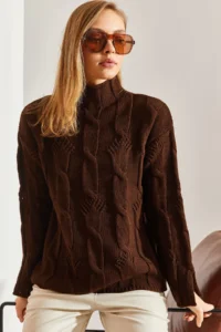 Bianco Lucci Women's Brown Half Turtleneck Hair Knit Patterned Knitwear Sweater - Image 3