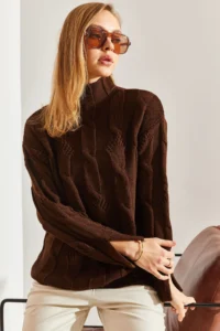 Bianco Lucci Women's Brown Half Turtleneck Hair Knit Patterned Knitwear Sweater - Image 4