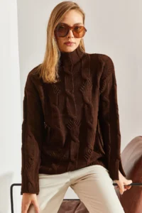 Bianco Lucci Women's Brown Half Turtleneck Hair Knit Patterned Knitwear Sweater - Image 5