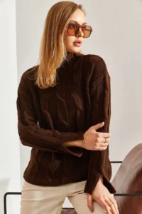 Bianco Lucci Women's Brown Half Turtleneck Hair Knit Patterned Knitwear Sweater - Image 6