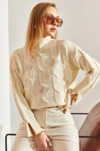 Bianco Lucci Women's Cream Half Turtleneck Hair Knit Patterned Knitwear Sweater