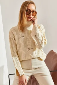 Bianco Lucci Women's Cream Half Turtleneck Hair Knit Patterned Knitwear Sweater - Image 2