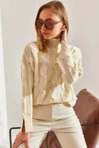 Bianco Lucci Women's Cream Half Turtleneck Hair Knit Patterned Knitwear Sweater - Image 3