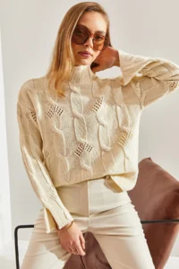 Bianco Lucci Women's Cream Half Turtleneck Hair Knit Patterned Knitwear Sweater - Image 4