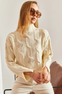 Bianco Lucci Women's Cream Half Turtleneck Hair Knit Patterned Knitwear Sweater - Image 5