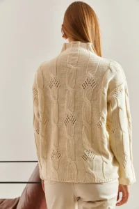 Bianco Lucci Women's Cream Half Turtleneck Hair Knit Patterned Knitwear Sweater - Image 6