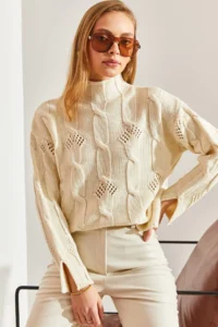 Bianco Lucci Women's Cream Half Turtleneck Hair Knit Patterned Knitwear Sweater - Image 7
