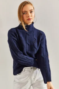 Bianco Lucci Women's Navy Blue Half Turtleneck Hair Knitted Patterned Knitwear Sweater